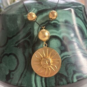 Gold Sun Celestial Necklace Adjustable Corded  With Beads Precolumbian